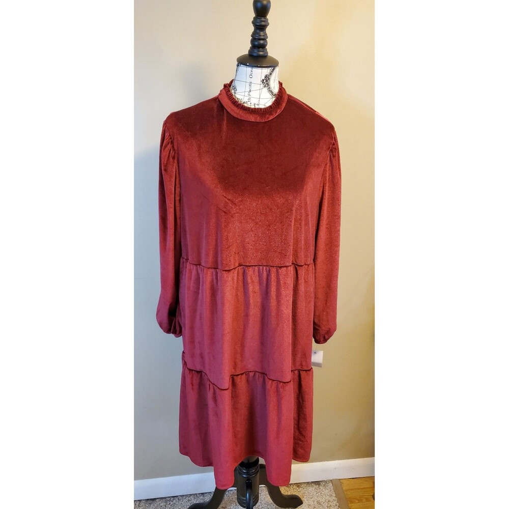 Ophelia Roe 1X Plus Size Velvet Babydoll Dress Wine Red Long Sleeve NWT